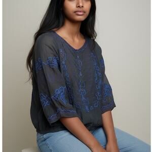Free People Sheer Embroidery Detail Cotton Collarless Button Down Flowing Blouse